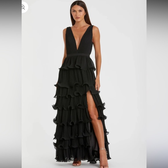 NWT IEENA for MAC DUGGAL 49054 Black Sleeveless Ruffle Tiered V Neck Gown sz 12 - Picture 2 of 9